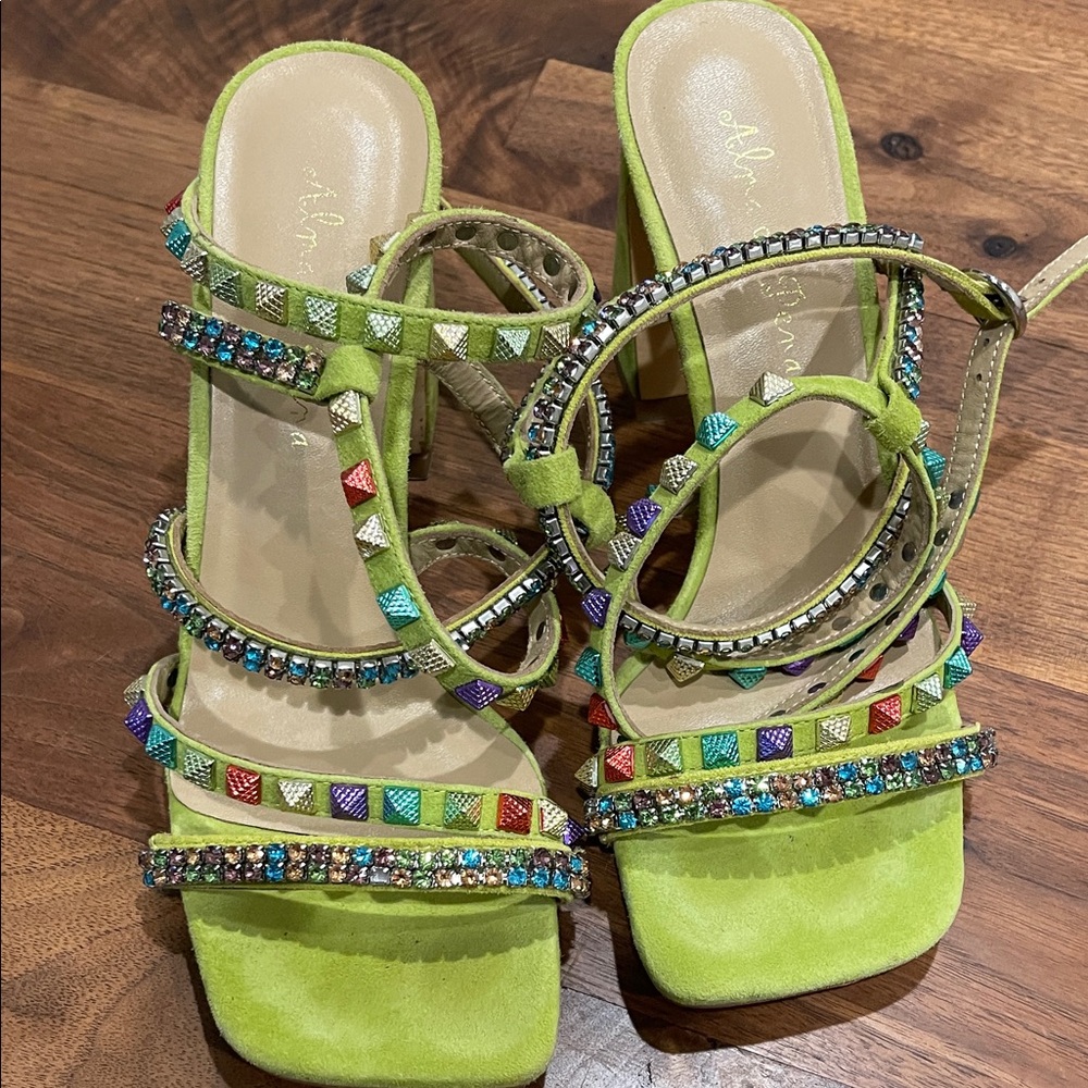 Alma en Pena neon green lace up colorful rhinestone suede heel sz 8